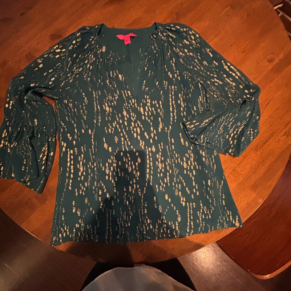 Lilly Pulitzer Teal V-Neck Blouse with Gold Speckle Accents
